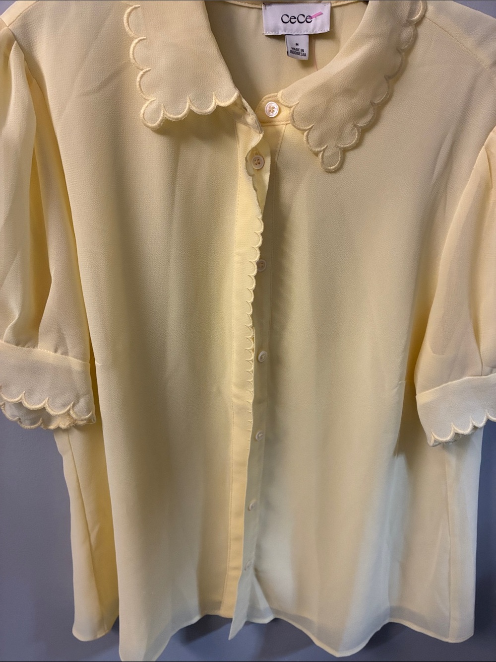 CeCe Pale Yellow Scalloped Collar Puff-Sleeve Blouse - Picture 3 of 3